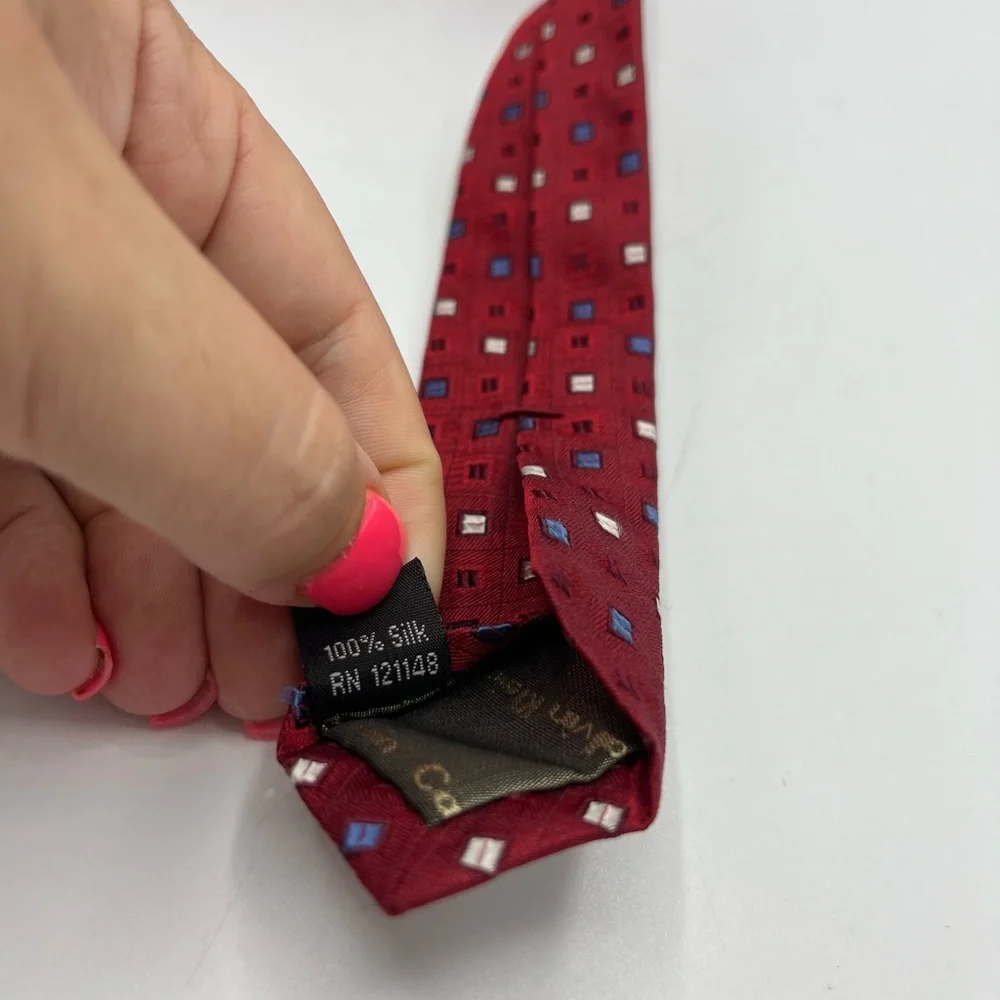 Calvin Klein 100% Silk Necktie Red White Blue Geometric Blocks Power Tie